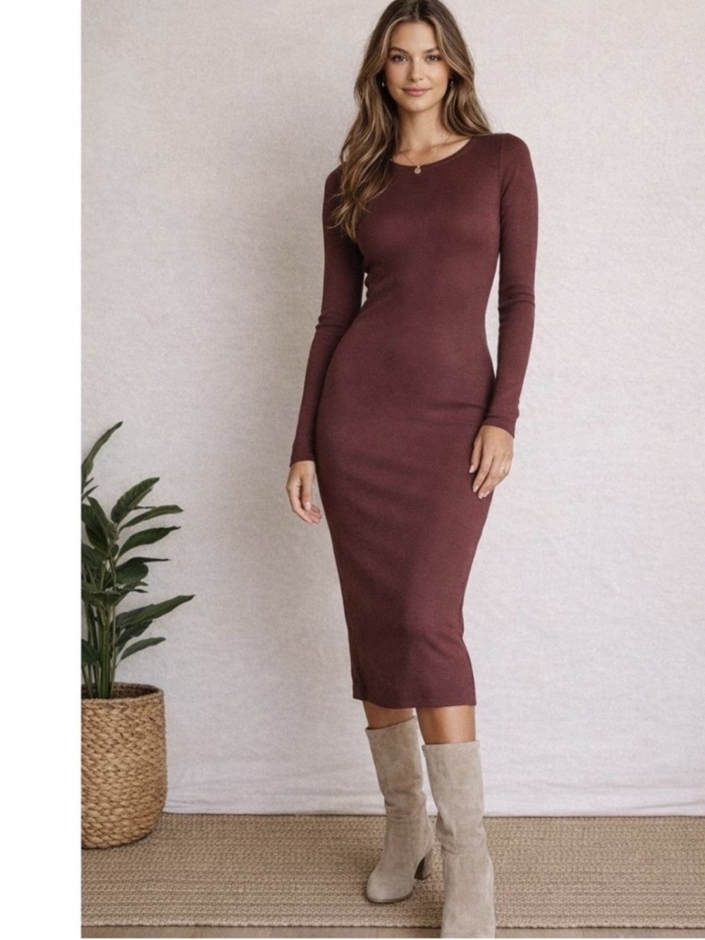 EUC Marine Layer Slim-Fit Long Sleeve Ribbed Midi Dress in Chocolate Brown XL